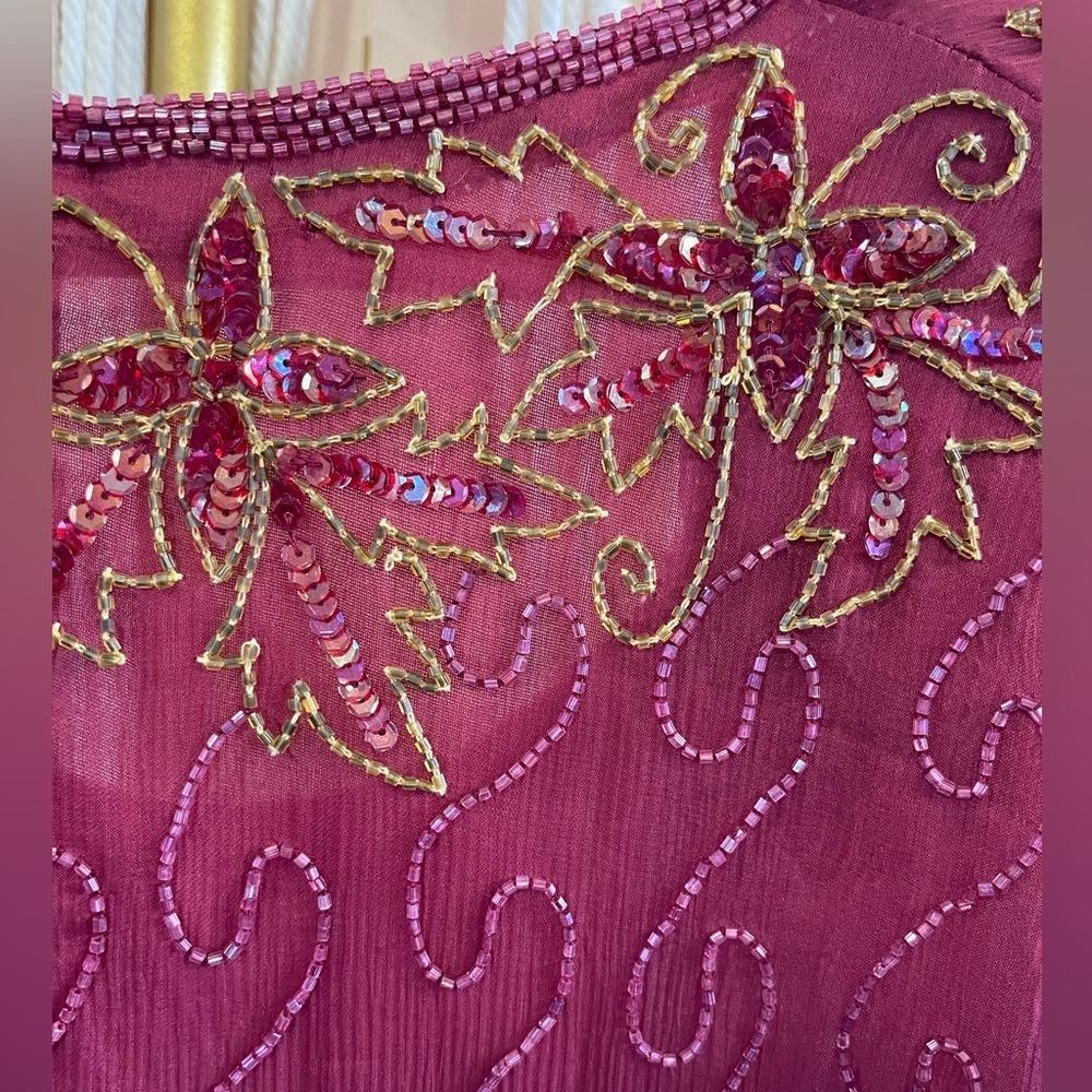 Vintage beaded, burgundy, long-sleeve cocktail sheer overlay dress - Picture 8 of 10